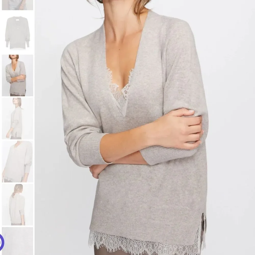 Brochu Walker The Lace Vee Looker Pullover Sweater Cashmere Wool Size S Grey - Picture 3 of 11